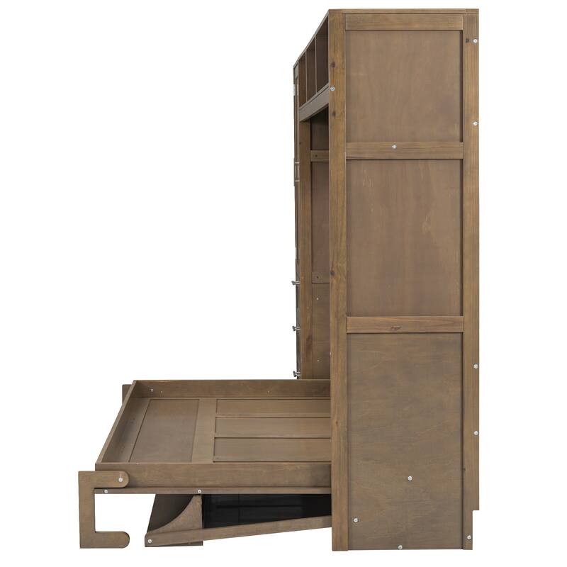 Full Size Murphy Bed with Wardrobe, Drawers and Open Shelves, Antique Grey