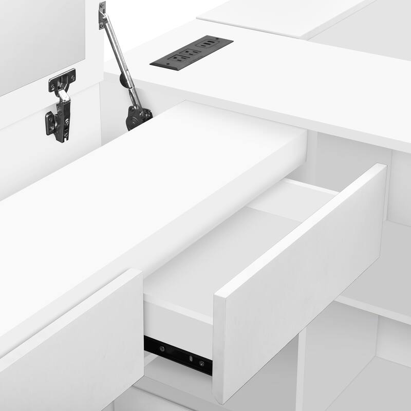 Roomfitters Full Platform Bed Frame with Integrated Vanity Desk, Underbed Storage Bins and Workstation, White