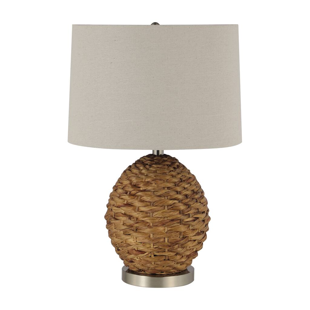Beige and Brown Woven Rattan Round Table Lamp