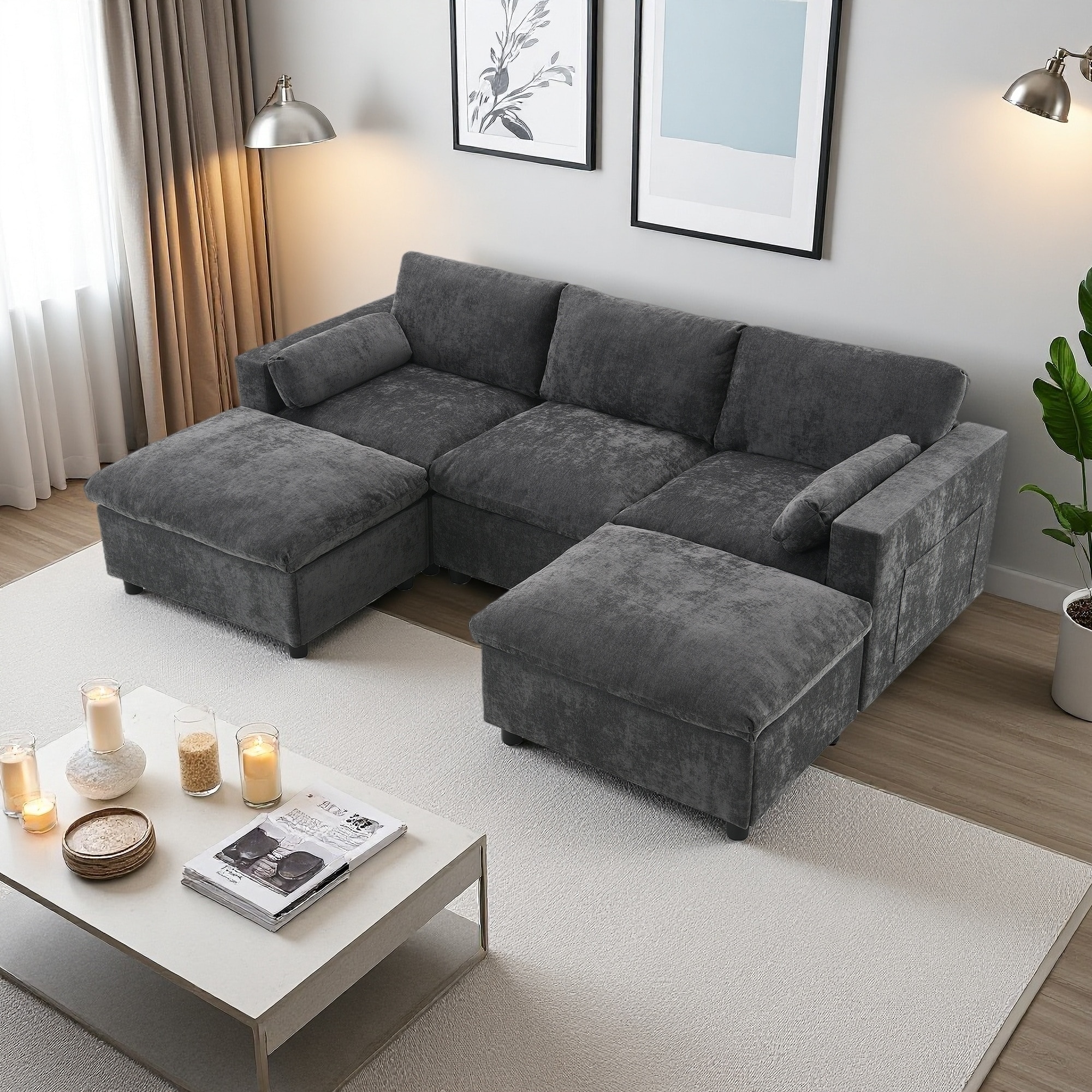 86.5" Chenille U-Shaped Sectional Sofa with 2 Ottomans, Storage Pockets and Free Combination