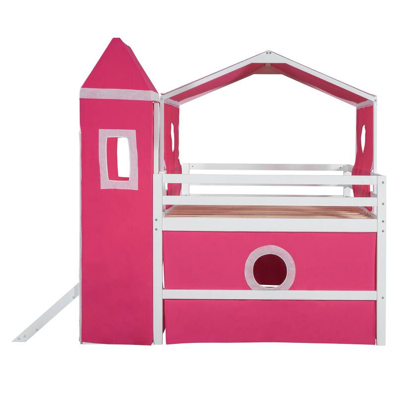 Roomfitters Full Size Loft Bed with Slide, Pink Tent and Decorative Tower, Playful Sleeping Platform, Pink
