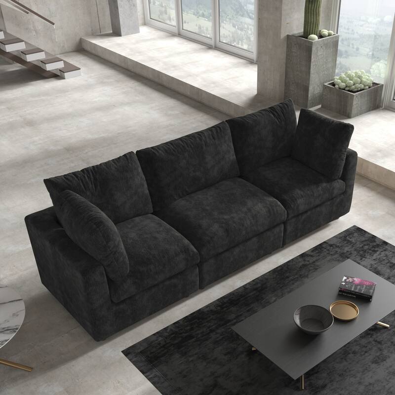 Minimalist 3-Seater Sofa Chenille Upholstered Modular Sectional Couch Removable Cover, Spring Cushions, Solid Wood Frame