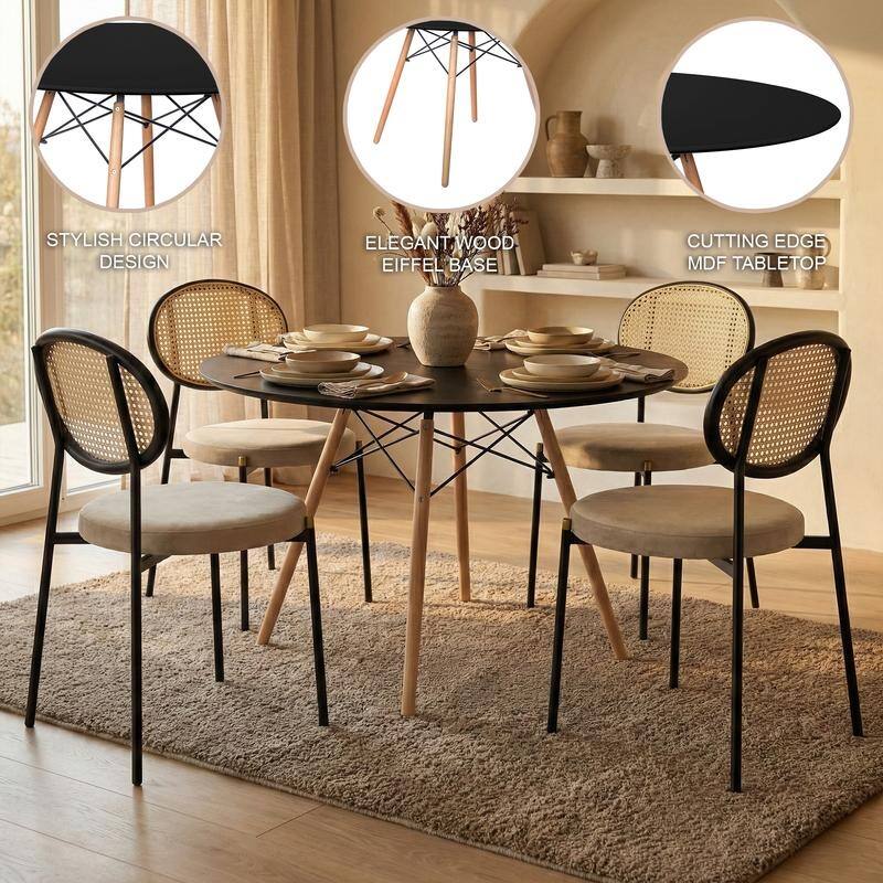 Leisuremod 5-Piece Dining Set with 1 Modern Solid Wood Top Round Dining Table and 4 Velvet/Leather Upholstered Chairs