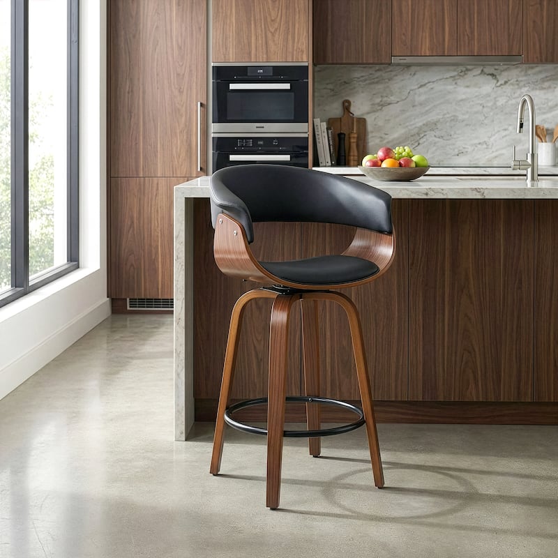 Beale Black Faux Leather Counter Stool with Walnut Wood Accent Legs