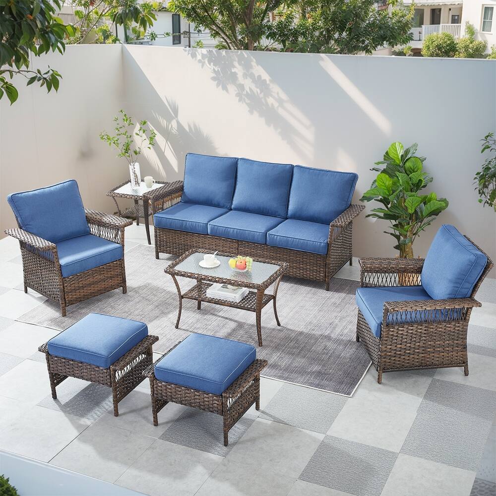 Gymojoy Outdoor Sofa, Club Chairs, Coffee Table and Ottomans Set of 7