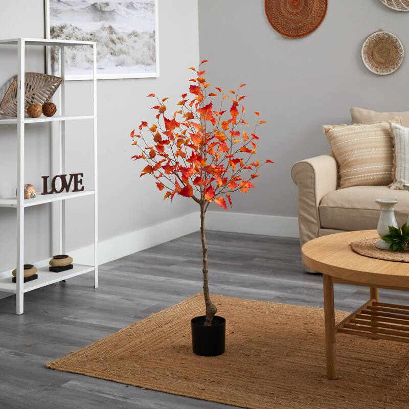 4ft Artificial Birch Tree - Fall Foliage Indoor Accent Tree with Planter - Green - 51-60 Inches