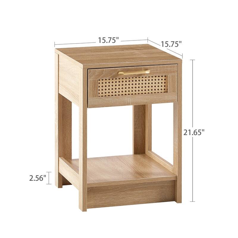 Mid-Century End Table with Storage Drawer and Open Shelf Rattan Bedside Table Small Side Table