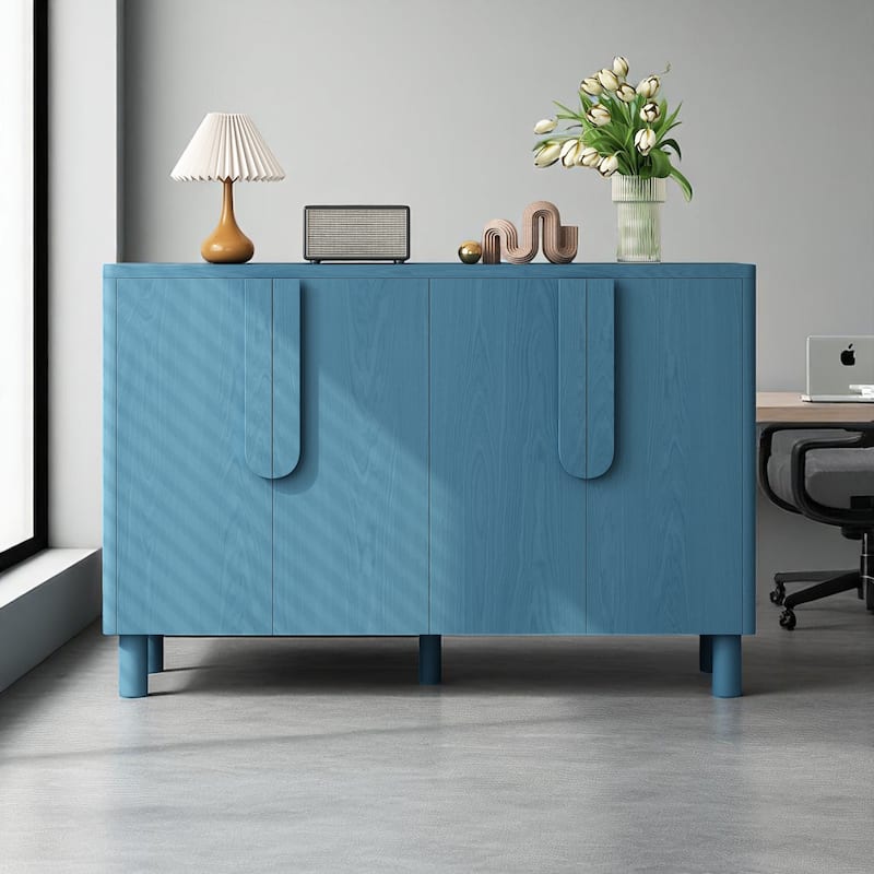 4-Door Wood Sideboard Buffet Cabinet with Arc Handles and Adjustable Shelves for Kitchen or Entryway - Navy