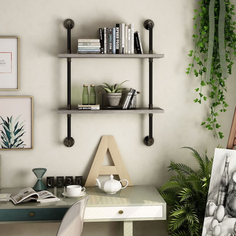 DH BASIC Industrial Vintage Grey 32-Inch Metal 2-Tier Wall Shelf by Denhour - Small
