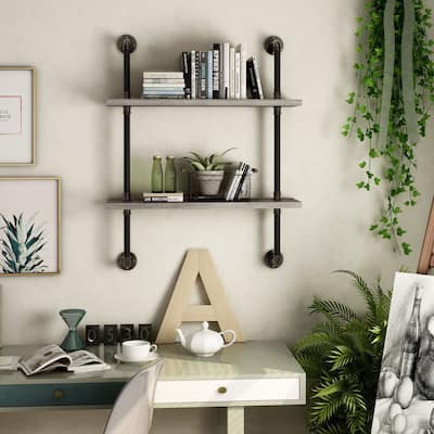 DH BASIC Industrial Vintage Grey 32-Inch Metal 2-Tier Wall Shelf by Denhour