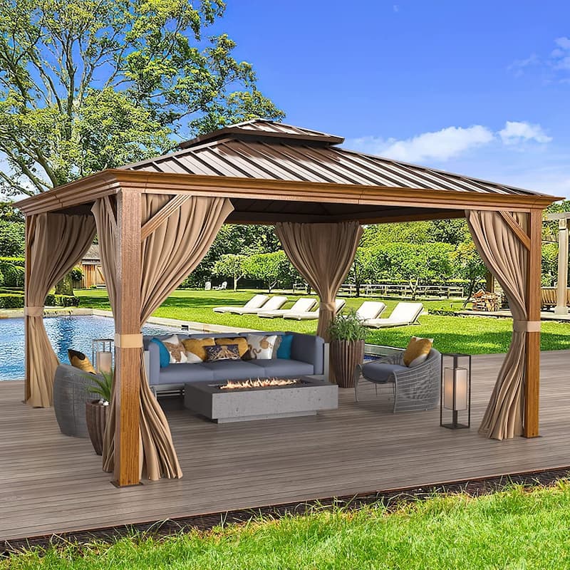 Outdoor Galvanized Steel Roof Gazebo Pergola w Wooden Coated Alumninum Frame, Privacy Curtains and Nettings Include