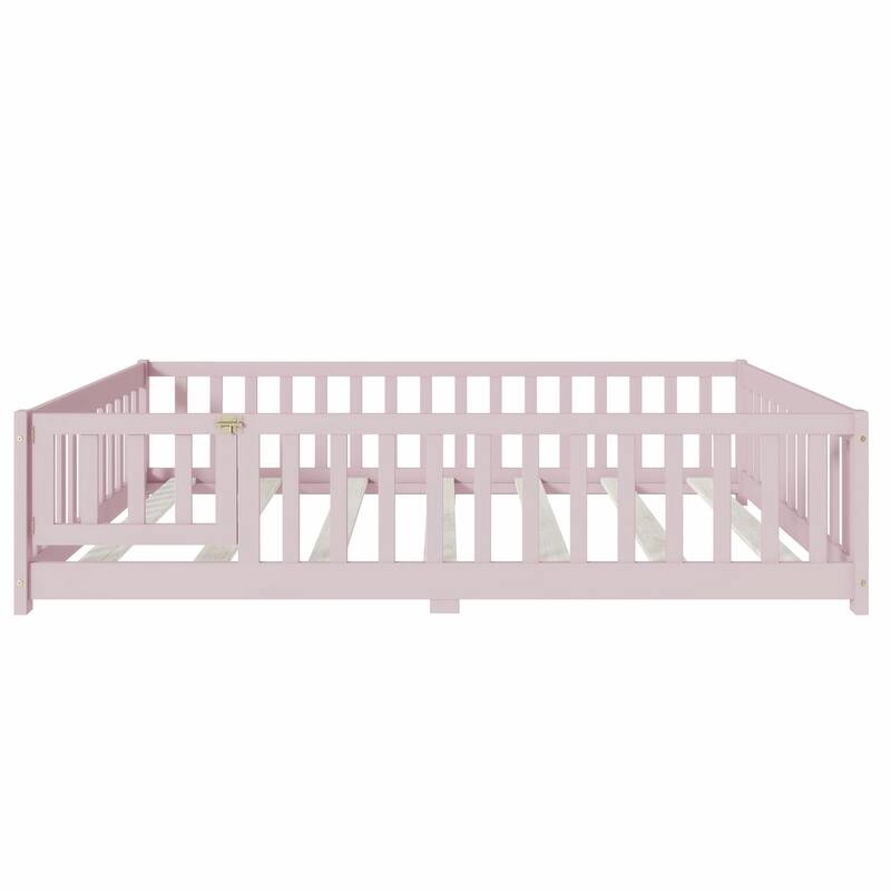 Floor Bed with Fence and Door, Rubber Wood Floor Bed with Safety Guardrails