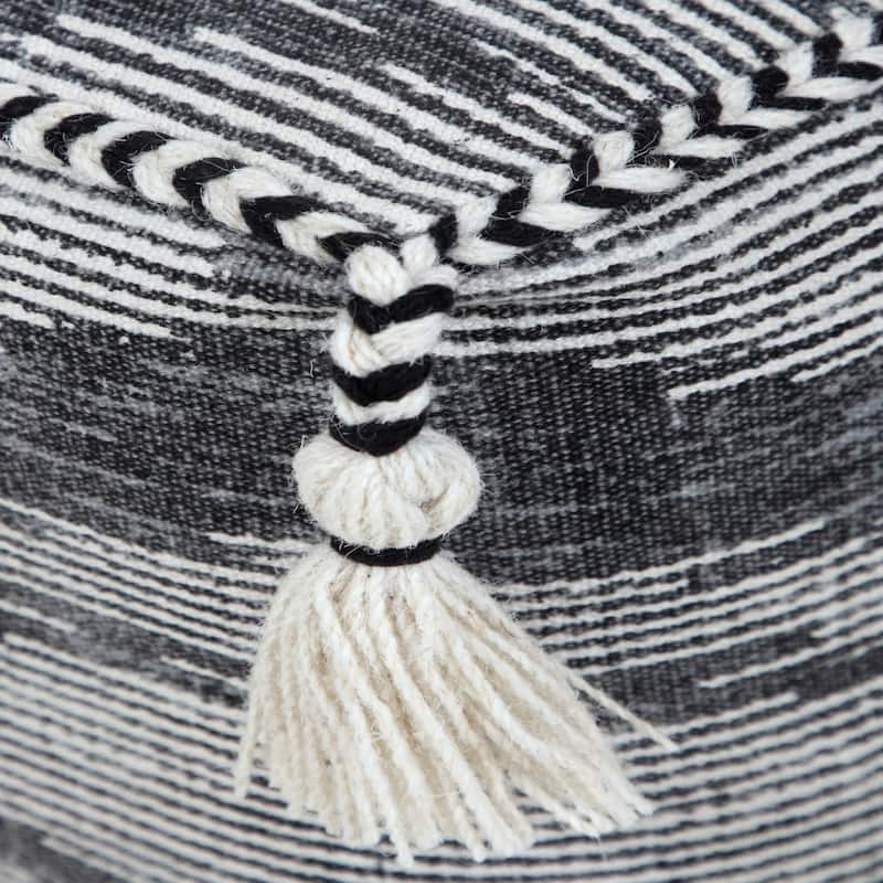 18 Inch Grey Pouf Ottoman with Striped Cotton Upholstery for Modern Spaces