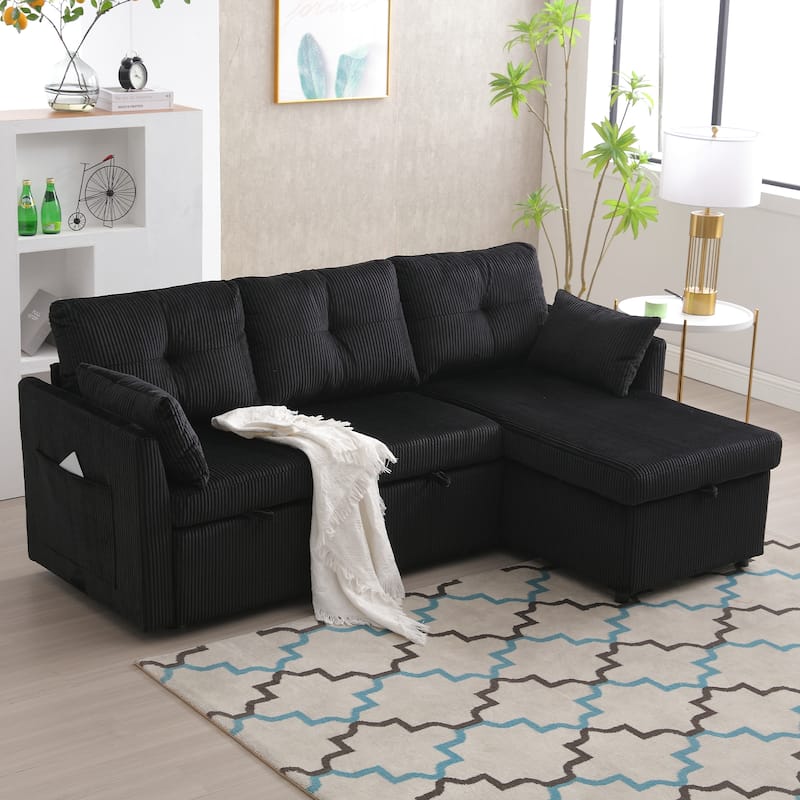 Corduroy/Chenille Upholstered L-Shaped Storage Reversible Chaise Sectional Sofa with Side Pocket