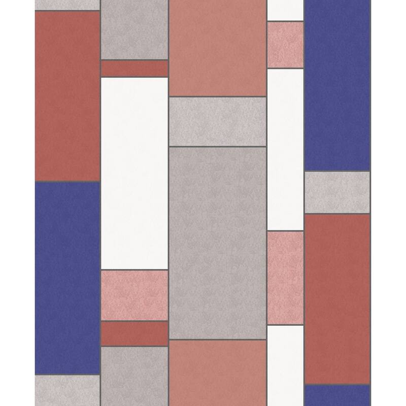Harding, De Stijl Geometric 33' L X 20.5" W, Art Deco Wallpaper Roll - Cobalt & Red Brick