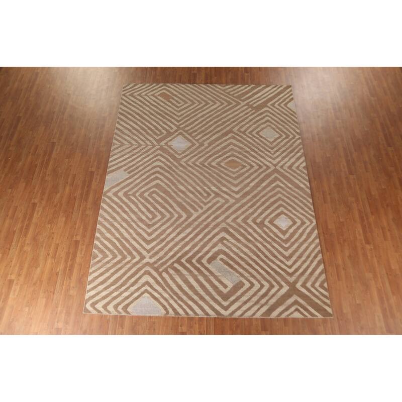 Geometric Modern Area Rug Hand-Knotted Oriental Wool Carpet - 8'11" x 11'8"
