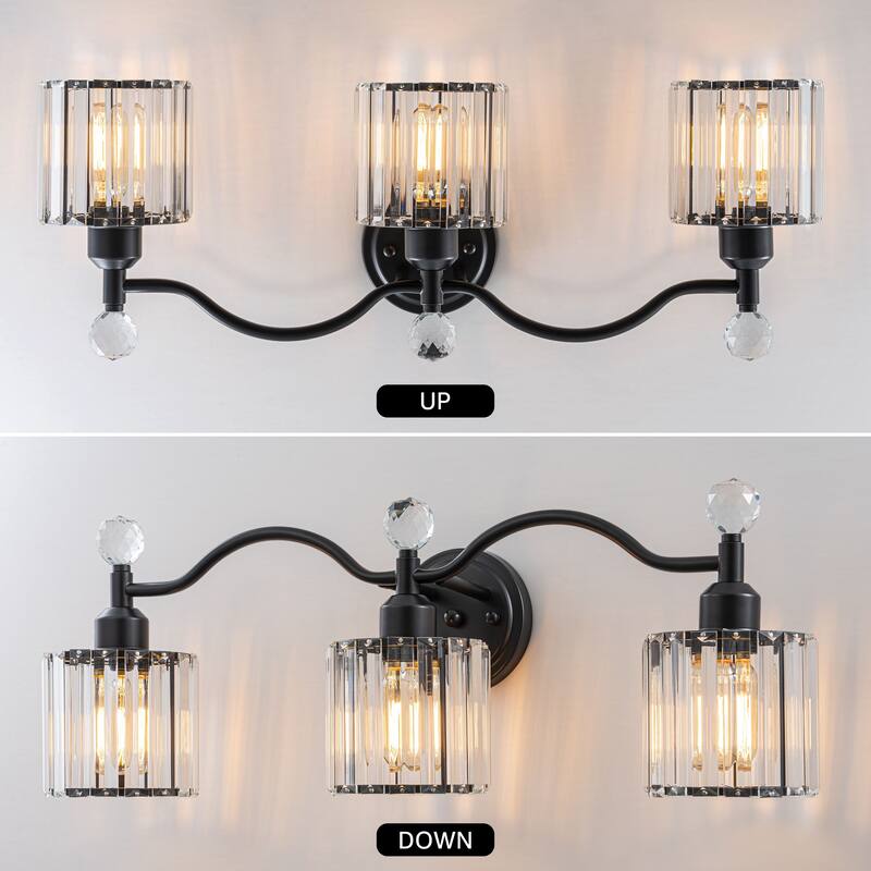 Starsky 3-Light Modern Crystal Bathroom Vanity Fixture with Ribbed Glass Shades and Sparkling Crystal Ball Accents