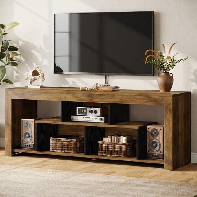 63" Industrial Wooden TV Stand with Storage Cubes for Up to 70" TVS