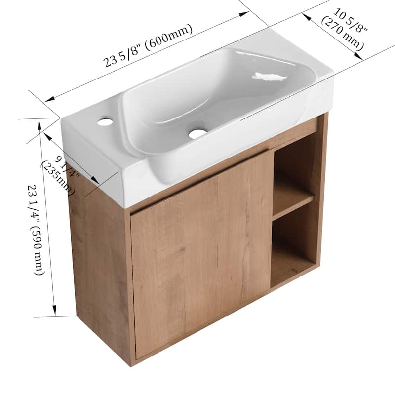 24'' Wall-Mounted Bathroom Vanity with White Ceramic Sink & Soft-Close Door, KD-Packing