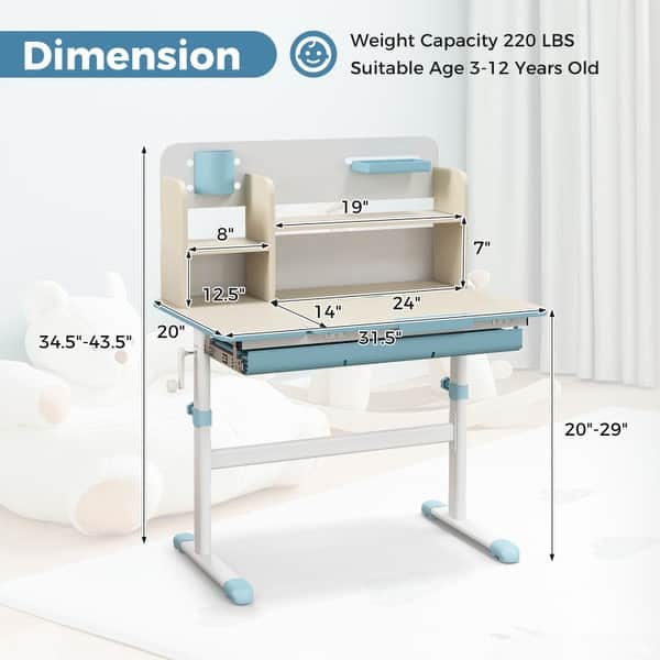 Height Adjustable Kids Study Desk with Tilt Desktop for 3-12 Years Old - 31.5"L x 20"W x 43.5"H