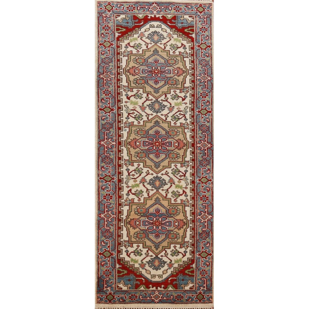 Ivory Heriz Serapi Indian Runner Rug Hand-Knotted Wool Carpet - 2'5"x 8'0"