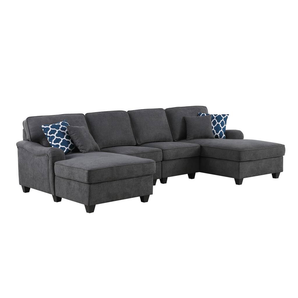 Lulu 120 Inch Sectional 4 Seater Sofa with Dual Chaise, Pillows, Dark Gray