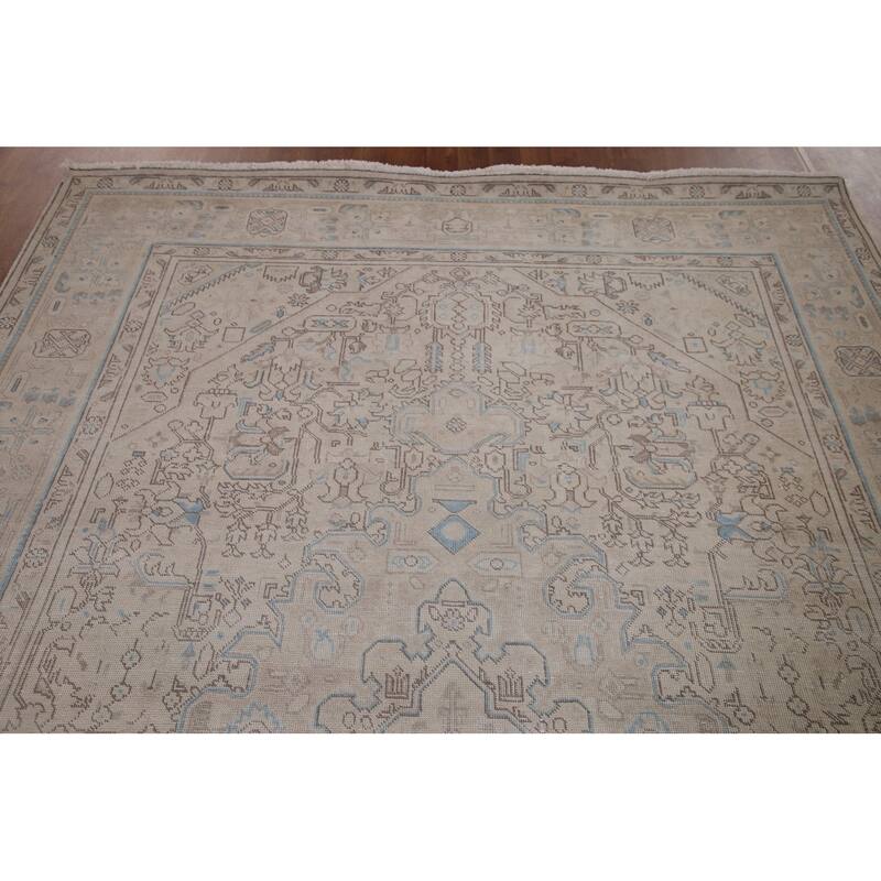 Distressed Muted Tabriz Persian Rug Handmade Vintage Wool Carpet - 6'5" x 9'3"
