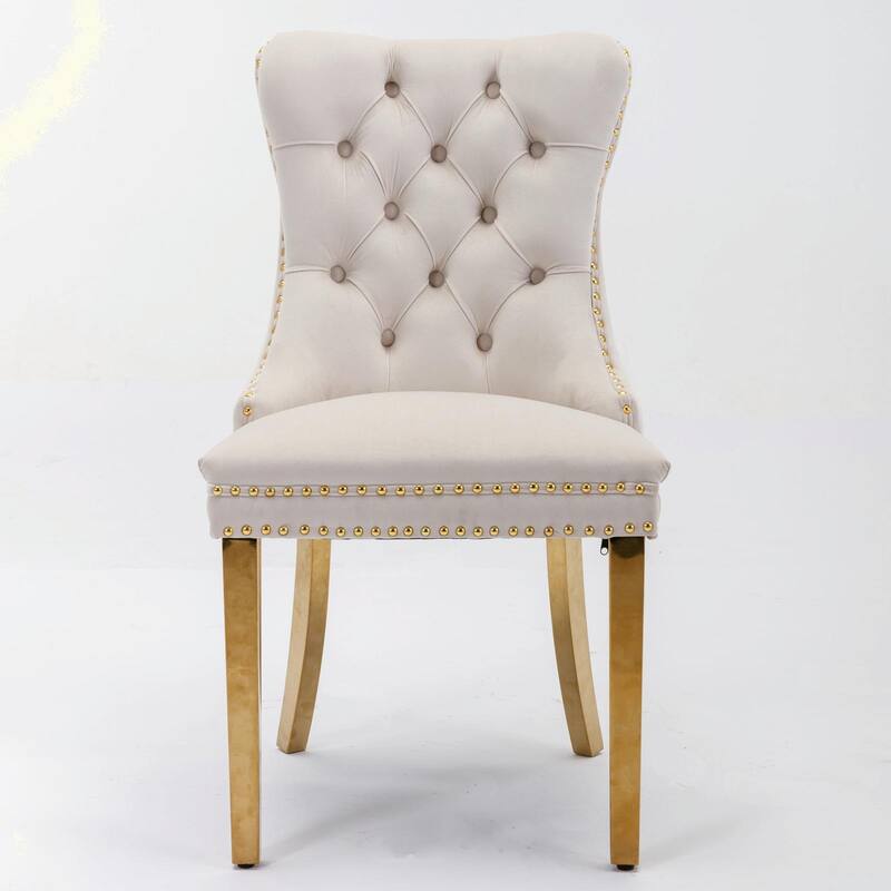 Tufted Velvet Dining Chairs - Solid Wood - Golden Stainless Steel Legs - Nailhead Trim - Set of 2