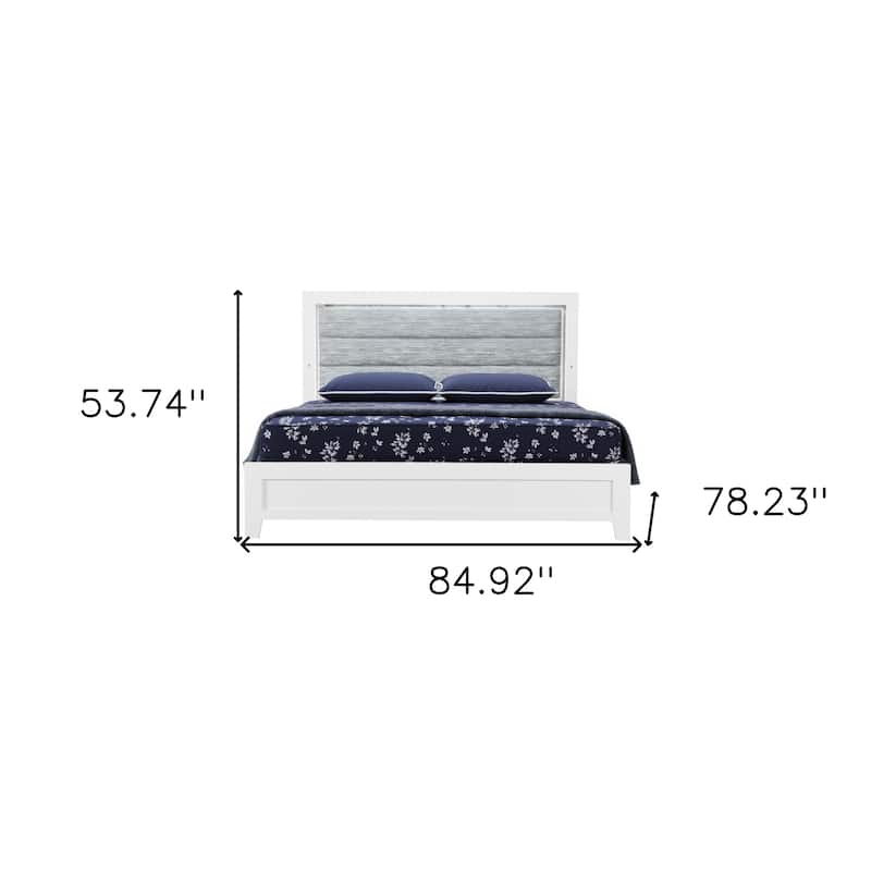 HomeRoots White and Light Gray Ribbed Texture Wood And Upholstery Lighted King Bed Frame