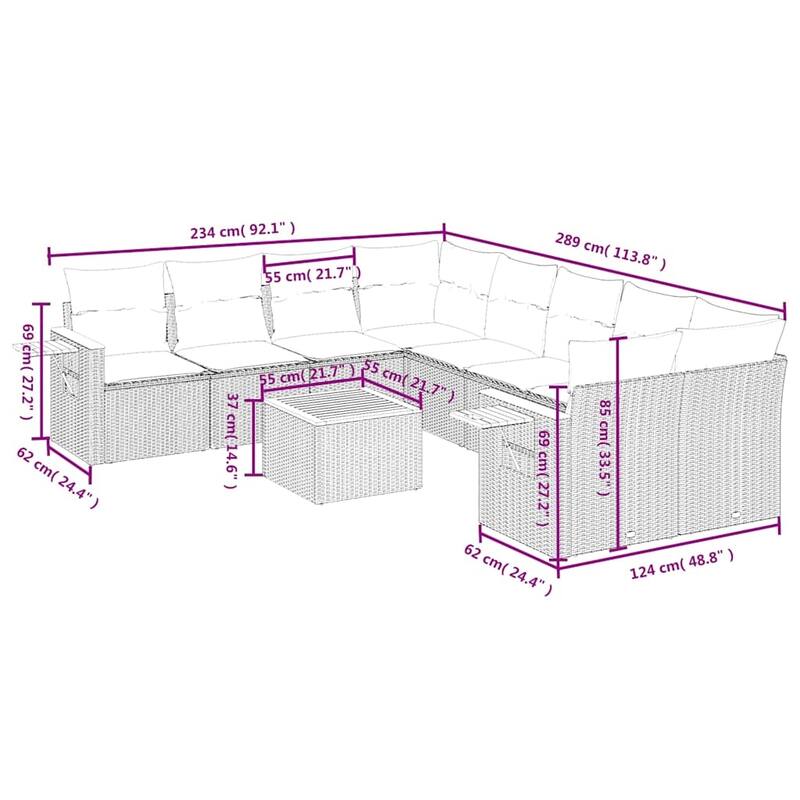 vidaXL 9 Piece Patio Sofa Set with Cushions Grey Poly Rattan (US only) - 113.8x33.5x92.1