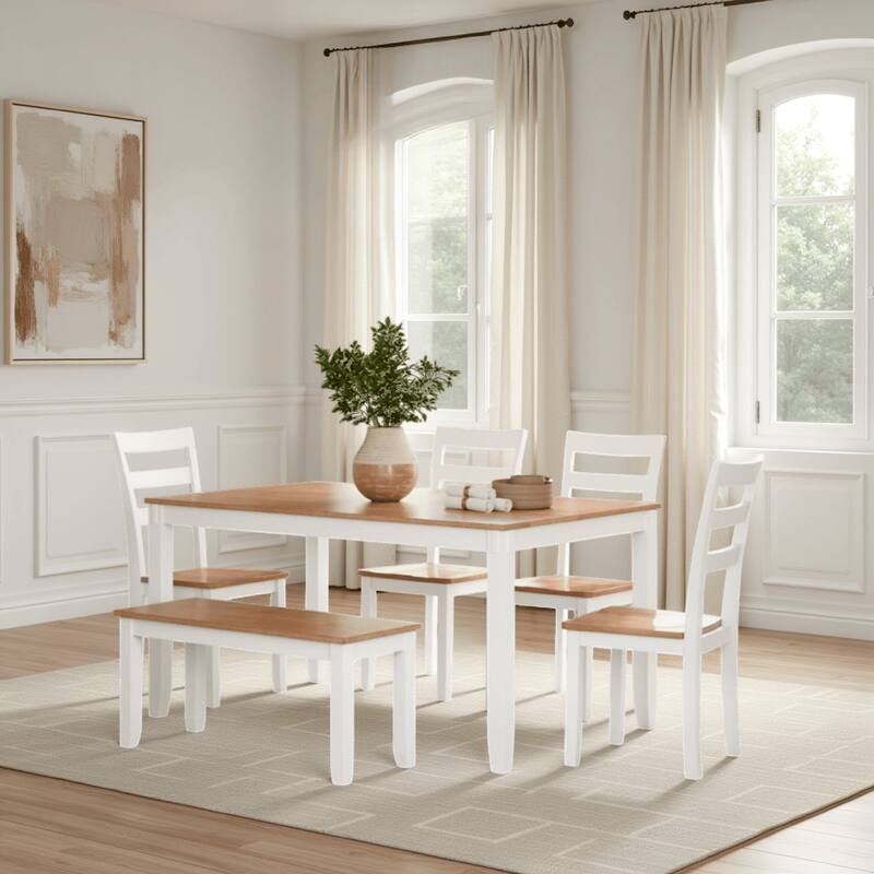 Gasy Dining Table Set with 4 Chairs, 1 Bench, White Brown Solid Wood