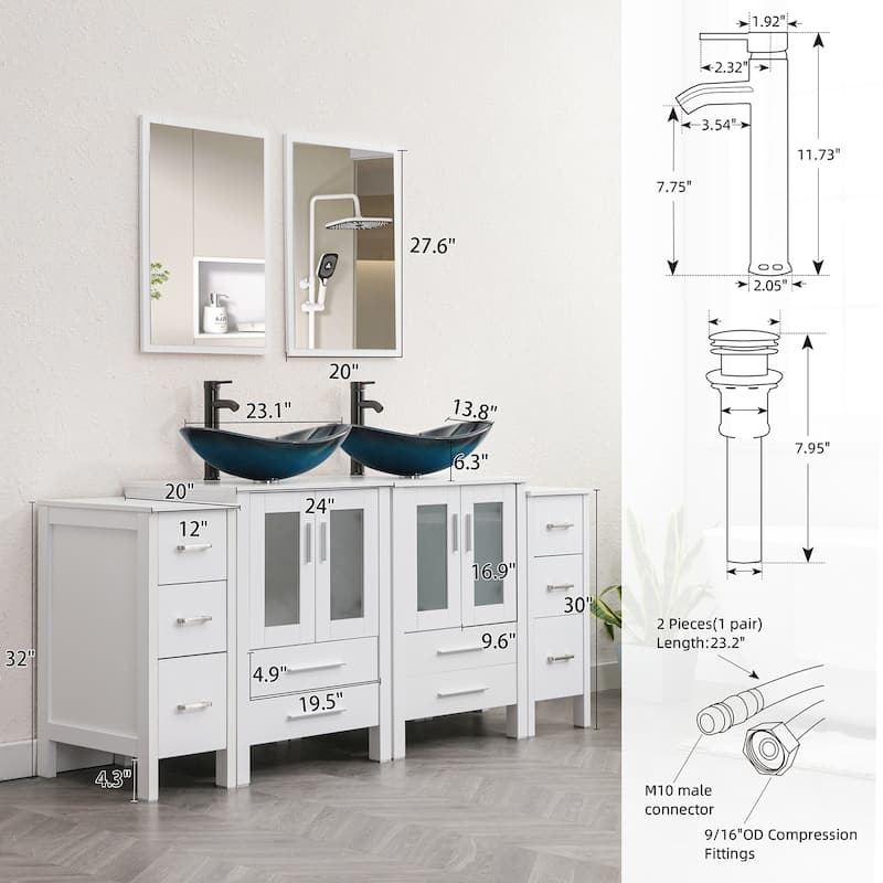 72" Bathroom Vanity Set Vessel Sink Cabinet Mirror Combo