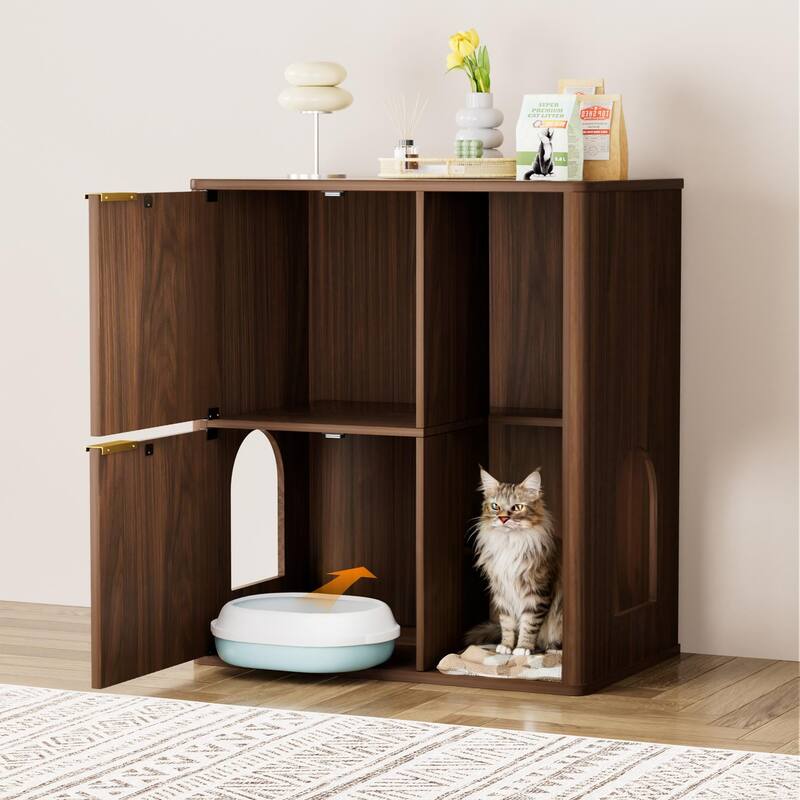 31.5" Walnut Cat Litter Cabinet with Cat Tree, Grooved Concealed Litter Furniture Featuring Dual Cat Doors and Storage Shelves