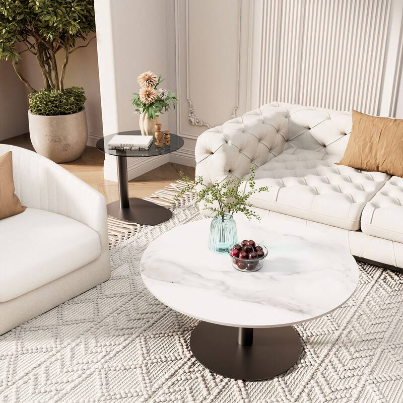 Modern Round Nesting Coffee Table Sintered Stone Tempered Glass Top - 32"x16"