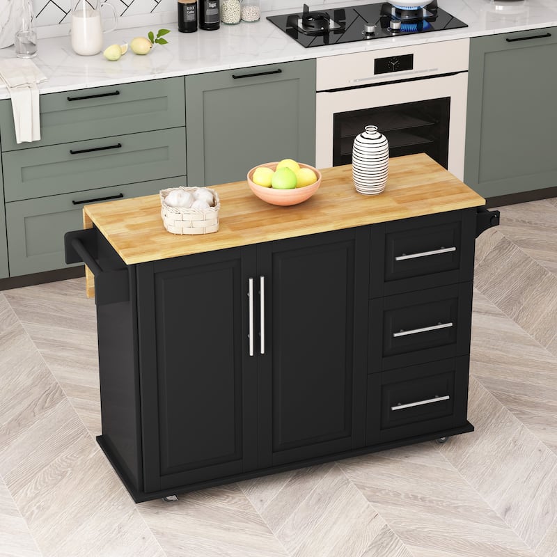 Kitchen Island Cart with Expandable Desktop, Kitchen Trolley Cart on Locking Wheels, Bar Cabinet with 2 Door & 3 Drawers