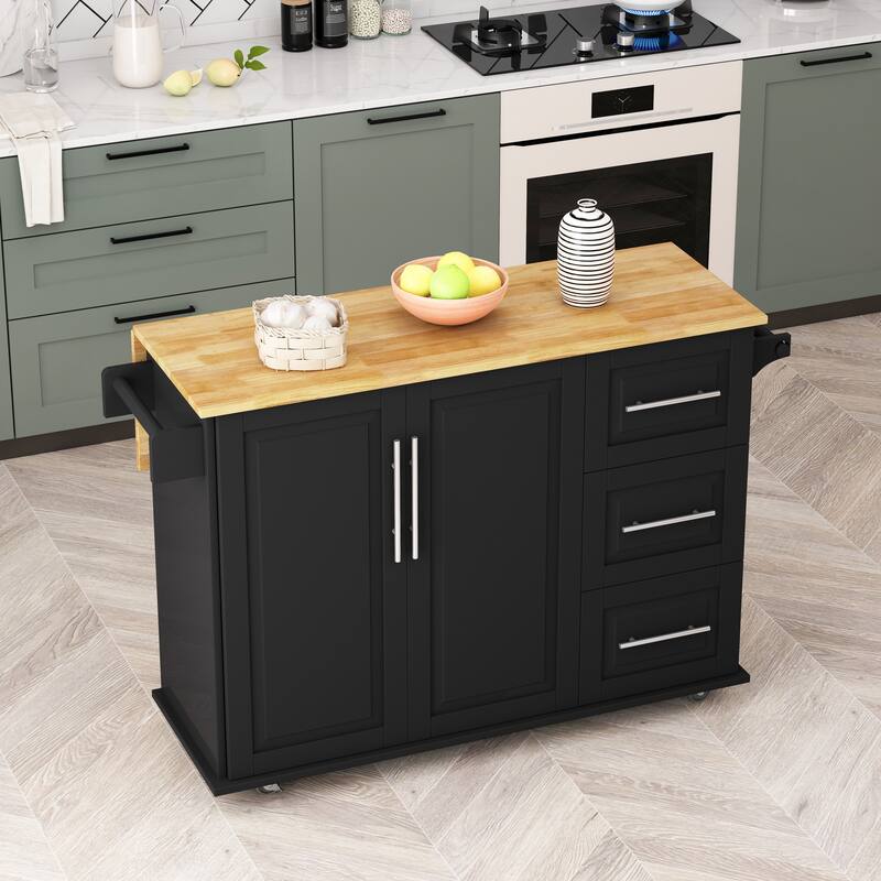 Rolling Kitchen Island Cart with Expandable Solid Wood Top, 2 Door Cabinet, 3 Drawers, Spice & Towel Rack for Kitchen Storage