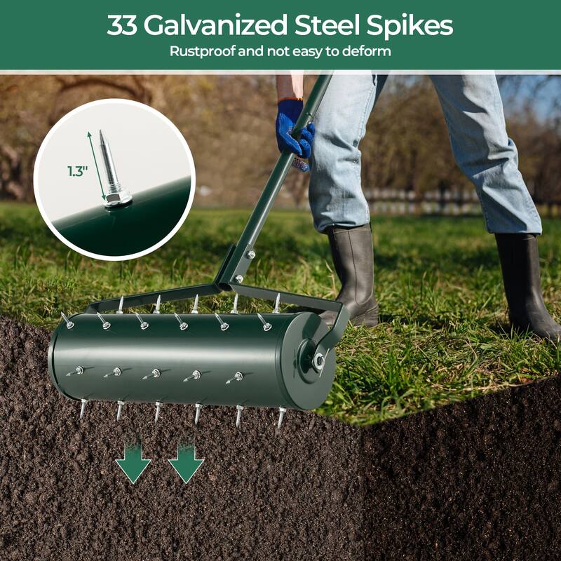 Manual Lawn Aerator Roller with Spiked Drum and Ergonomic Handle Fillable Steel Design