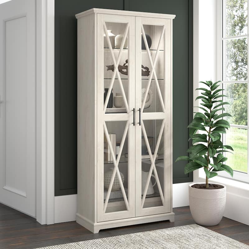 Lennox Curio Cabinet with Glass Doors and Shelves by Bush Furniture - Linen White Oak