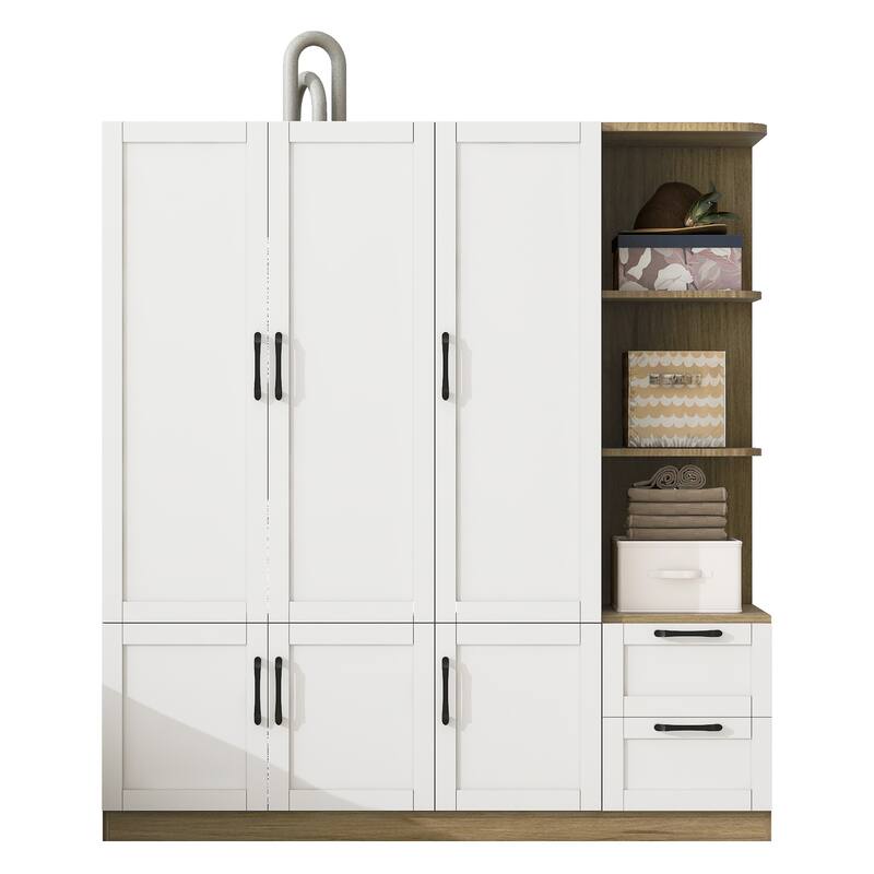 3 Doors Armoire Wardrobe Closet with 3 Side Shelves 2 Drawers, Wooden Bedroom Armoires with Hanging Rod for Bedroom