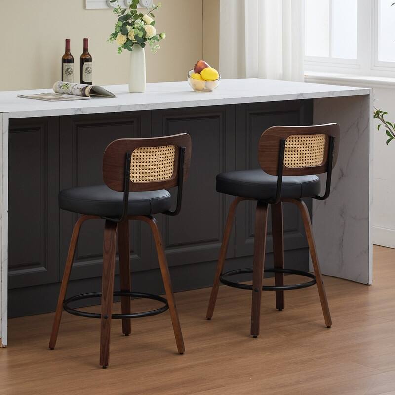 26" Swivel Rattan Bar Stools - Walnut Finish Counter Height Stools with Upholstered Seat