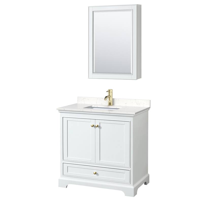 Wyndham Collection Deborah 36" Free Standing Single Basin Vanity Set - White / Carrara Cultured Marble Top / Brushed Gold