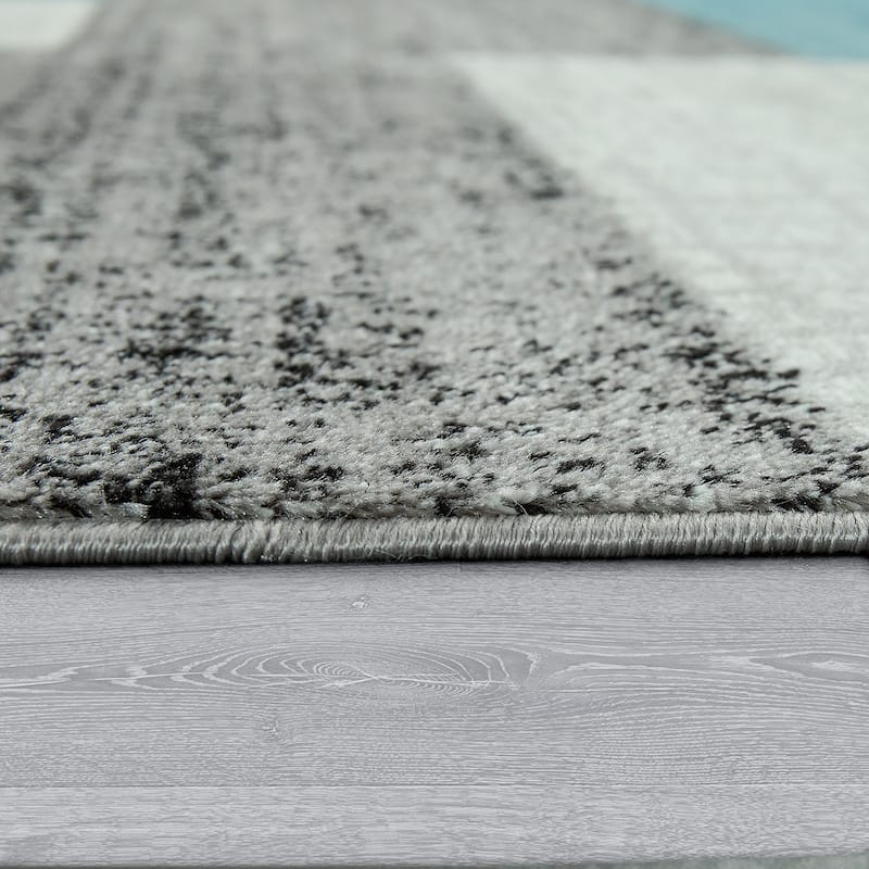 Modern Area Rug Checked Pattern Mottled in Light Blue Grey White