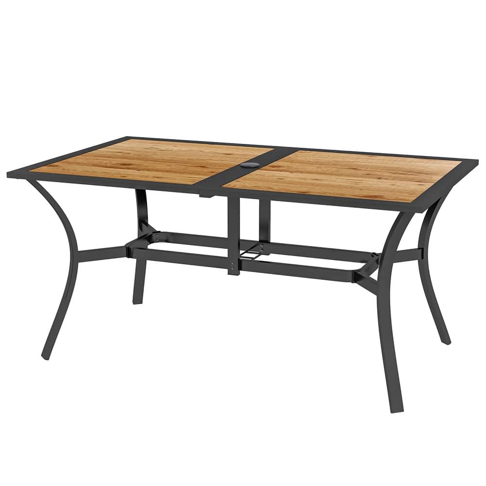 Brown Wood Grain Black Steel 6 Seater Outdoor Dining Table with Umbrella Hole - 59" L x 35.5" W x 28.75" H