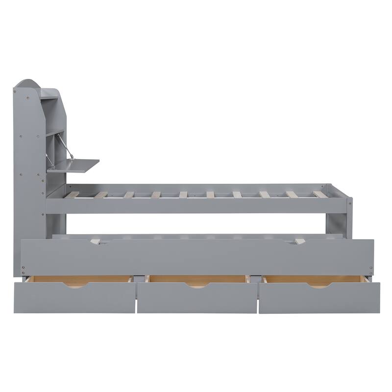 Full Platform Bed with Pull-Out Trundle, LED Headboard Lighting, USB Charging Ports, Flip-Up Storage, and Under-Bed Drawers