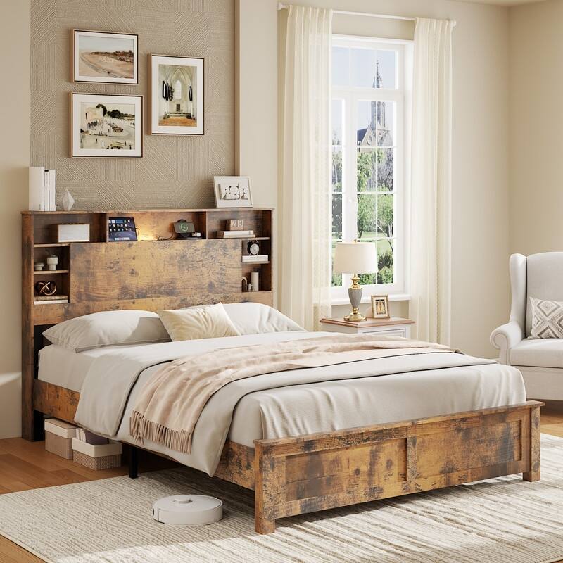 alazyhome Wooden Platform Storage Bed Frame with Charging Station, LED Lights & Bookcase