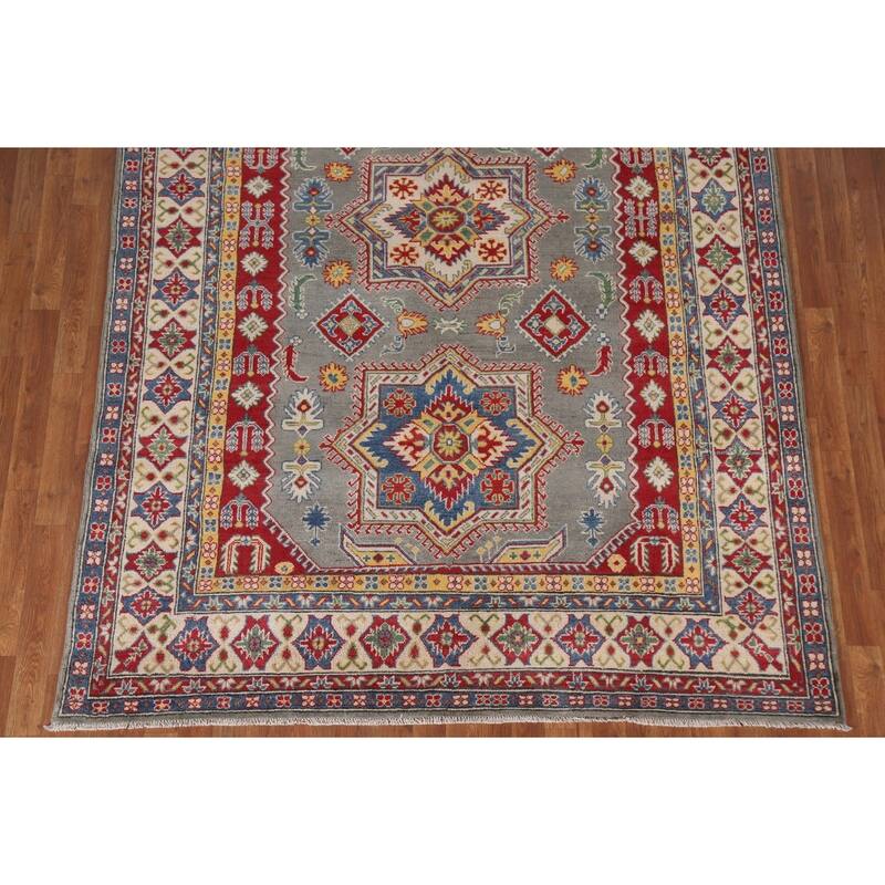 Hand Knotted Oriental 100% Wool Carpet Traditional Geometric Greys & Charcoal Kazak Area Rug - 9' 10'' X 6' 6''