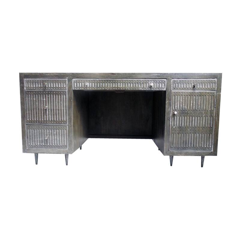 HomeRoots 64" Brown and Silver Solid Wood Executive Desk With Five Drawers