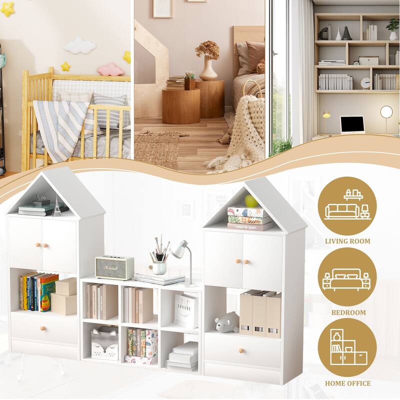 MVersatile Kids Bookshelf House Shape Toy Organizer for Bedroom Playroom
