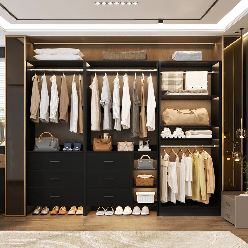 Cimly Set of 3 Closet System with 6 Drawers, 104'' Wide Freestanding Closet Organizer - Black