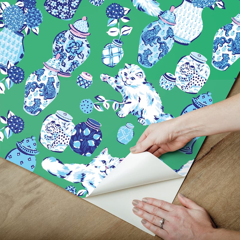 Fancy Cats Green Peel and Stick Wallpaper